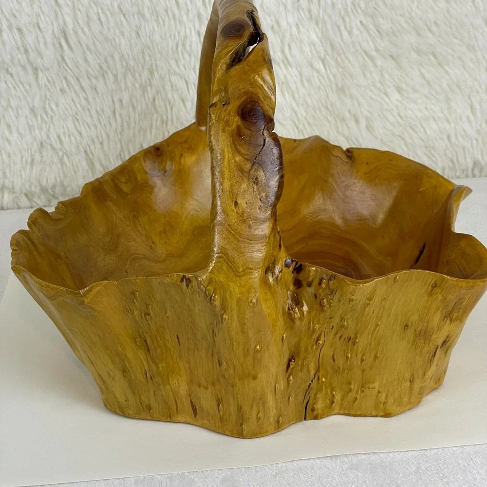 MCM Artisan Vintage Hand Carved Live Edge Burl Wood Basket Rustic Fruit Bowl